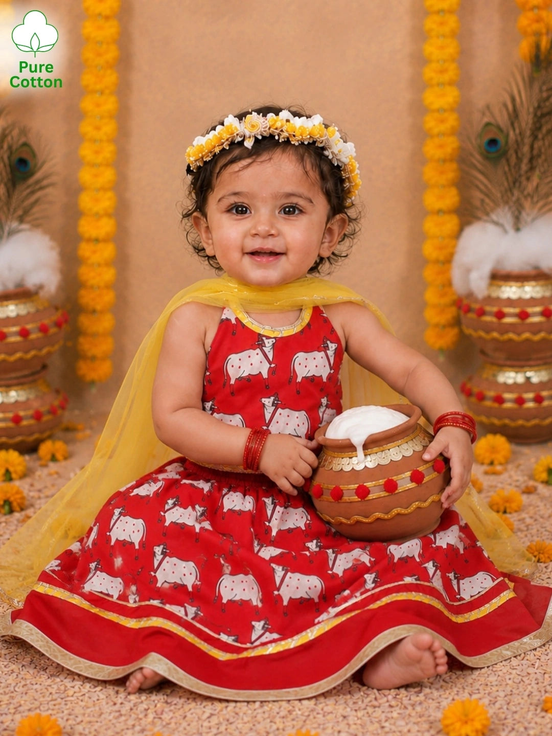 BownBee Pure Cotton Printed Halter Choli With Lehenga Set For Infant Girls