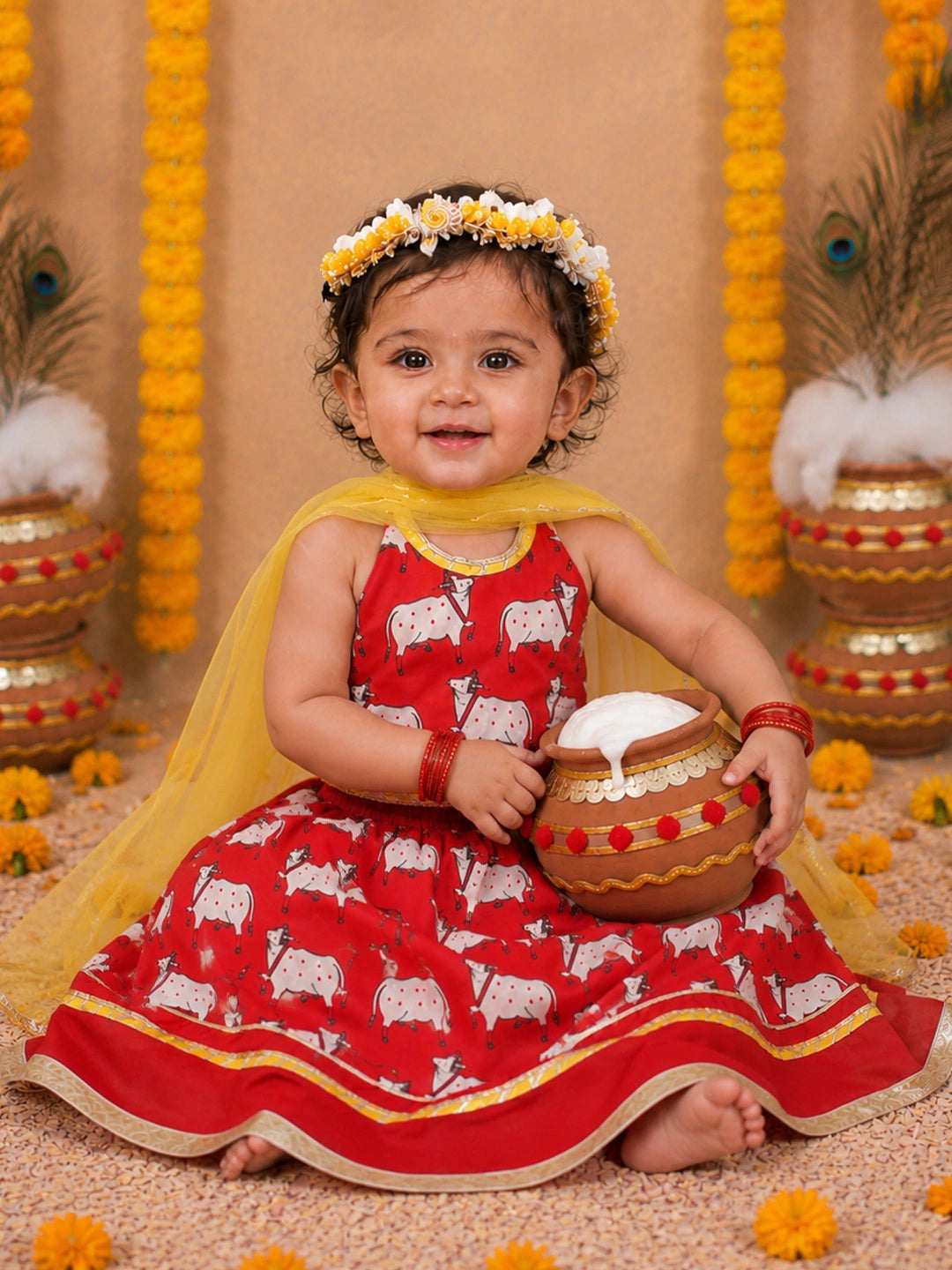 BownBee Pure Cotton Printed Dhoti Kurta & Lehenga Choli Infant Sibling Set
