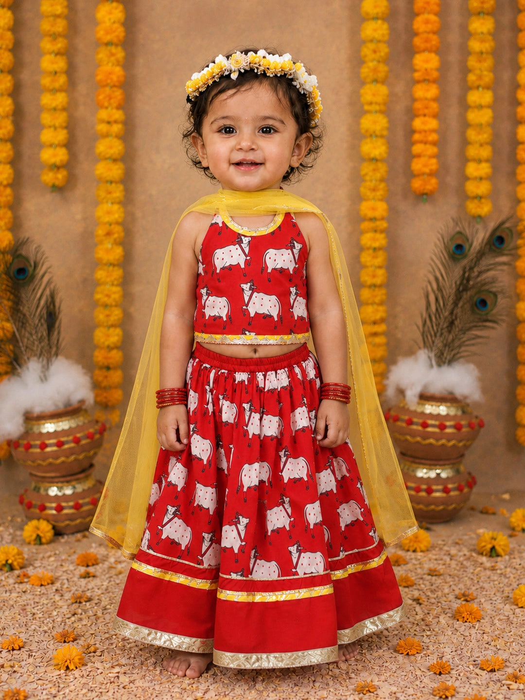 BownBee Pure Cotton Printed Halter Choli With Lehenga Set For Infant Girls