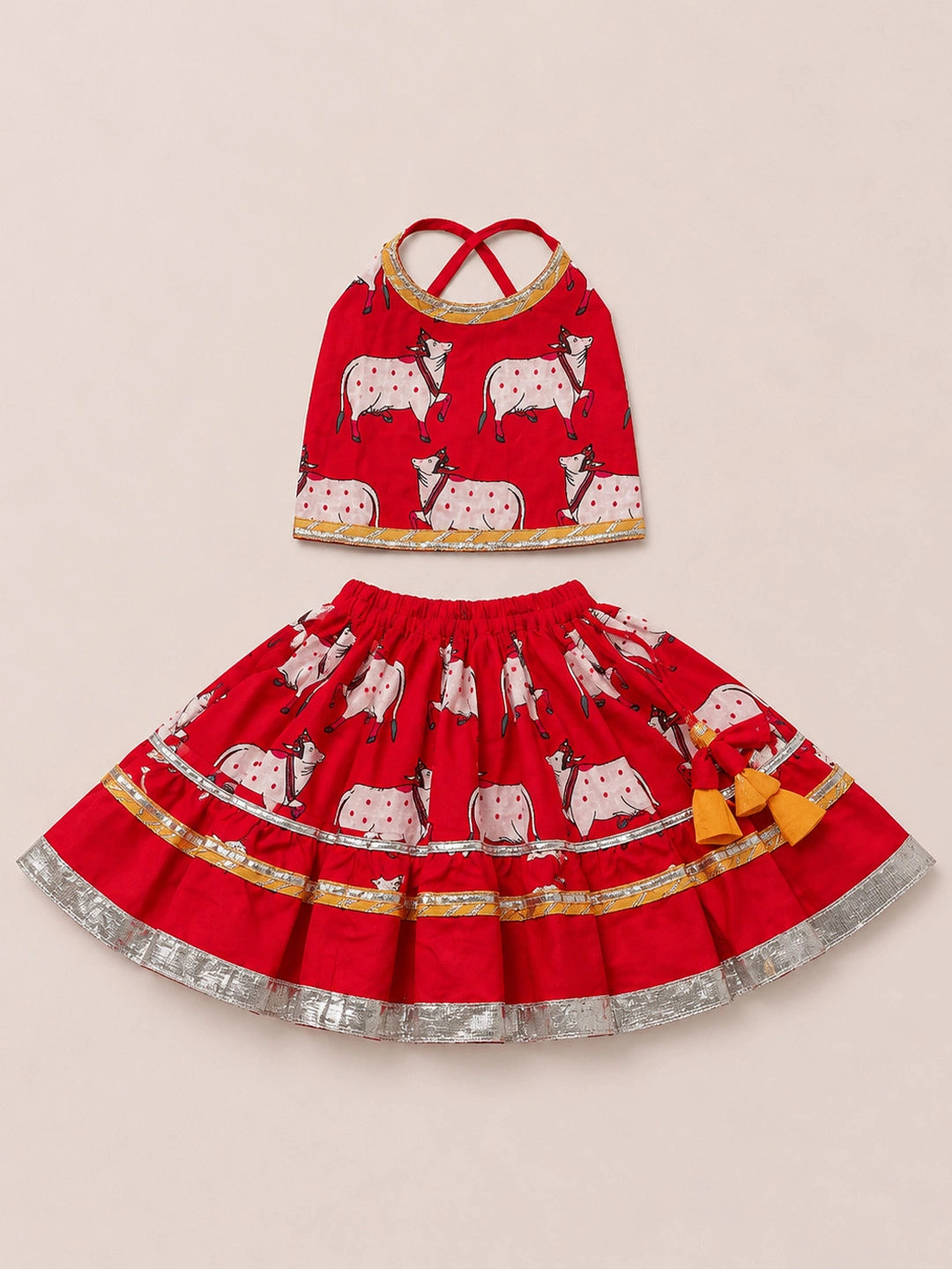 BownBee Pure Cotton Printed Dhoti Kurta & Lehenga Choli Infant Sibling Set