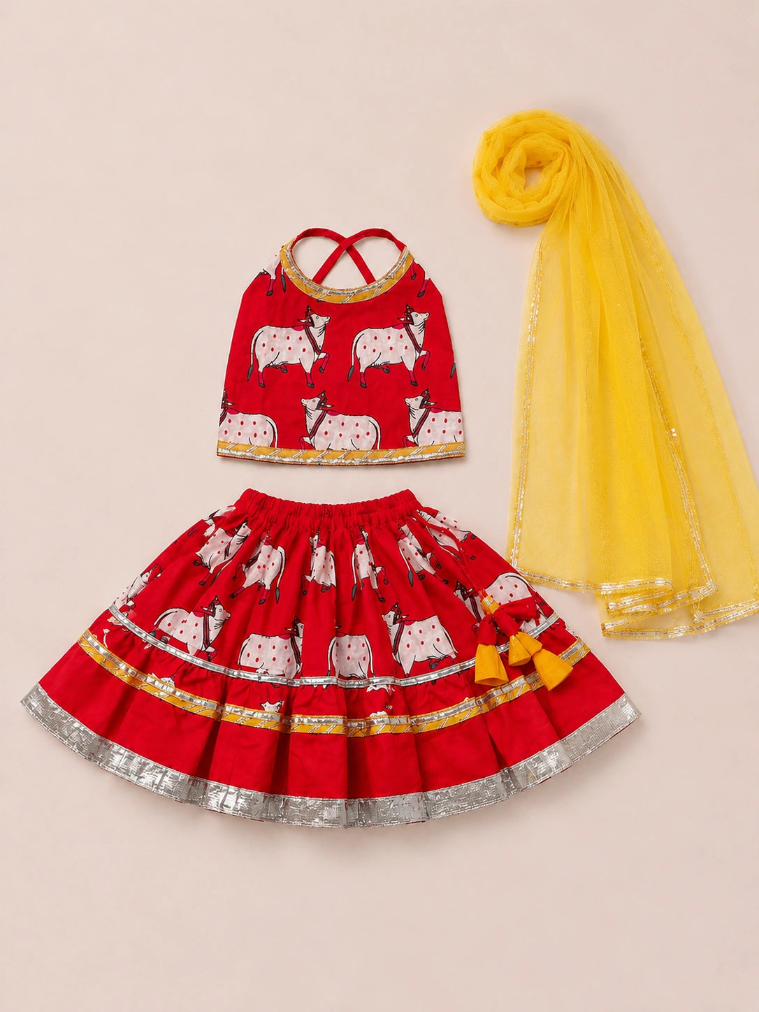 BownBee Pure Cotton Printed Halter Choli With Lehenga Set For Infant Girls