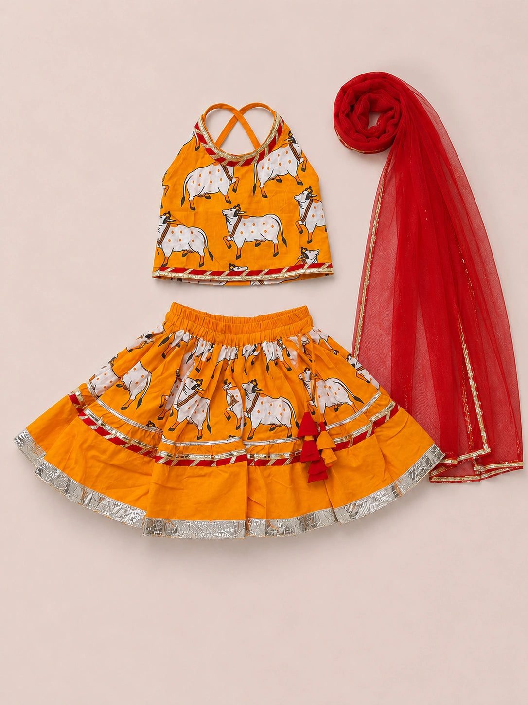 BownBee Pure Cotton Printed Halter Choli & Lehenga With Dupatta Set For Infant Girls