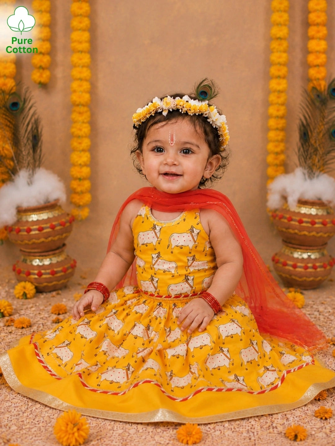 BownBee Pure Cotton Printed Halter Choli With Lehenga Set For Infant Girls