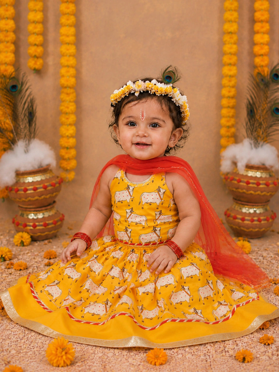 BownBee Pure Cotton Printed Dhoti Kurta & Lehenga Choli Infant Sibling Set