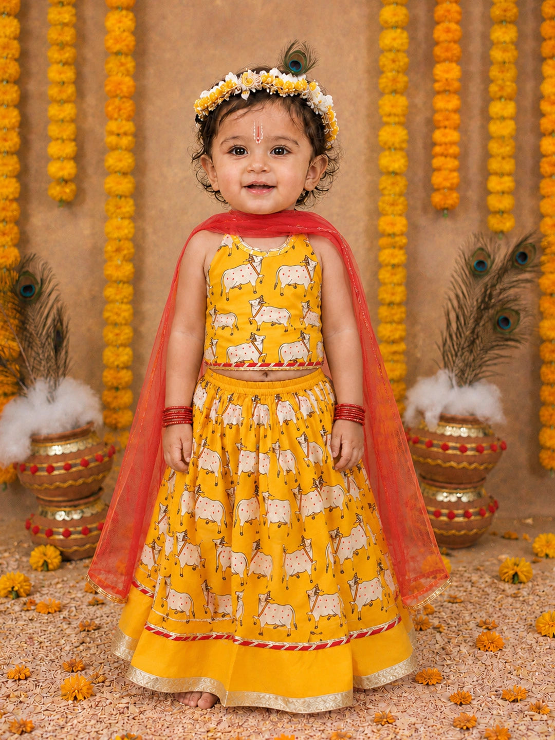 BownBee Pure Cotton Printed Halter Choli With Lehenga Set For Infant Girls