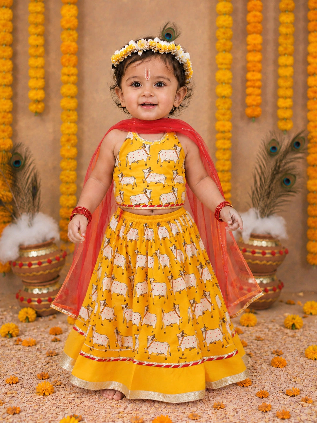 BownBee Pure Cotton Printed Dhoti Kurta & Lehenga Choli With Dupatta Infant Sibling Set