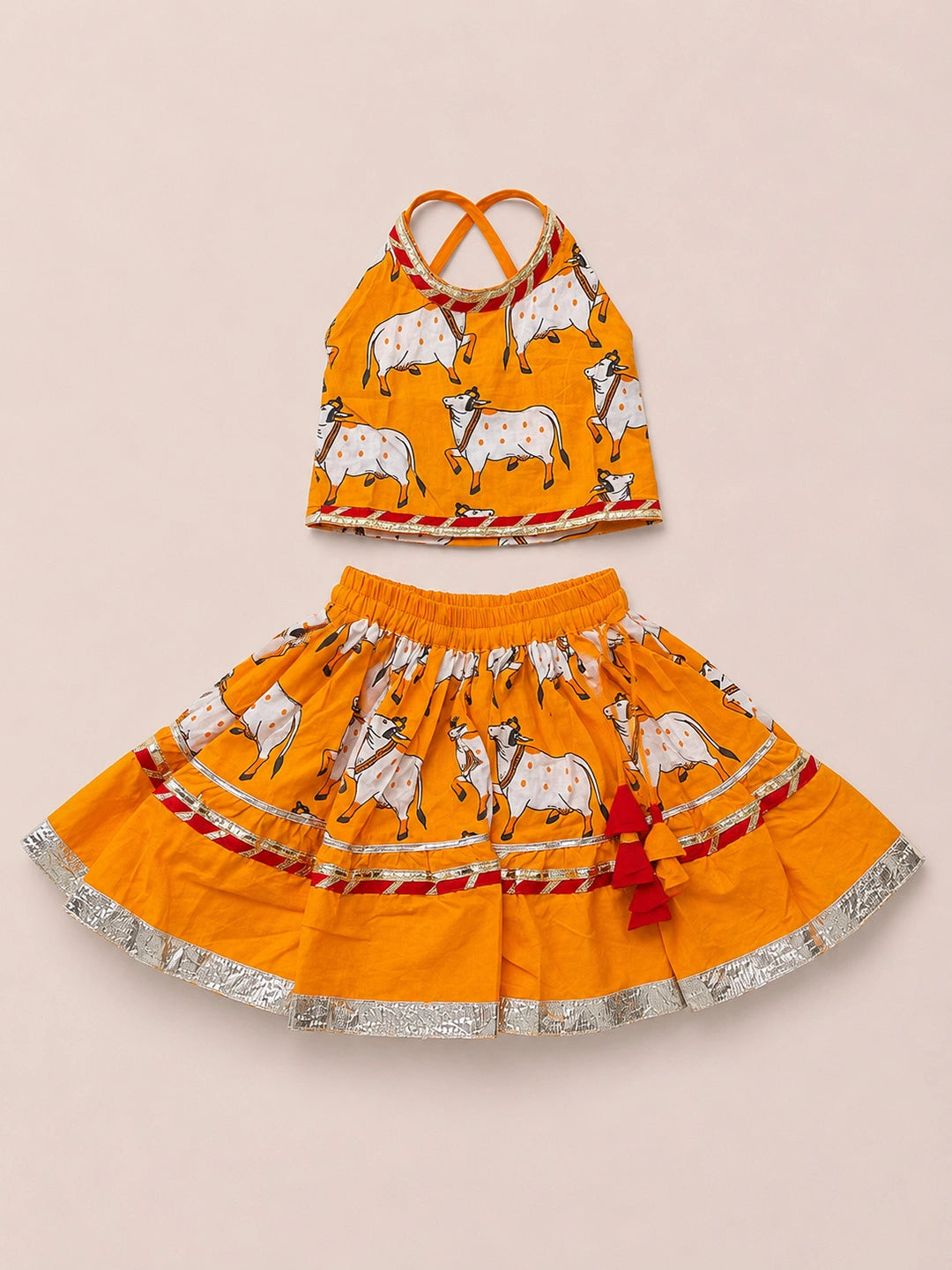BownBee Pure Cotton Printed Halter Choli With Lehenga Set For Infant Girls