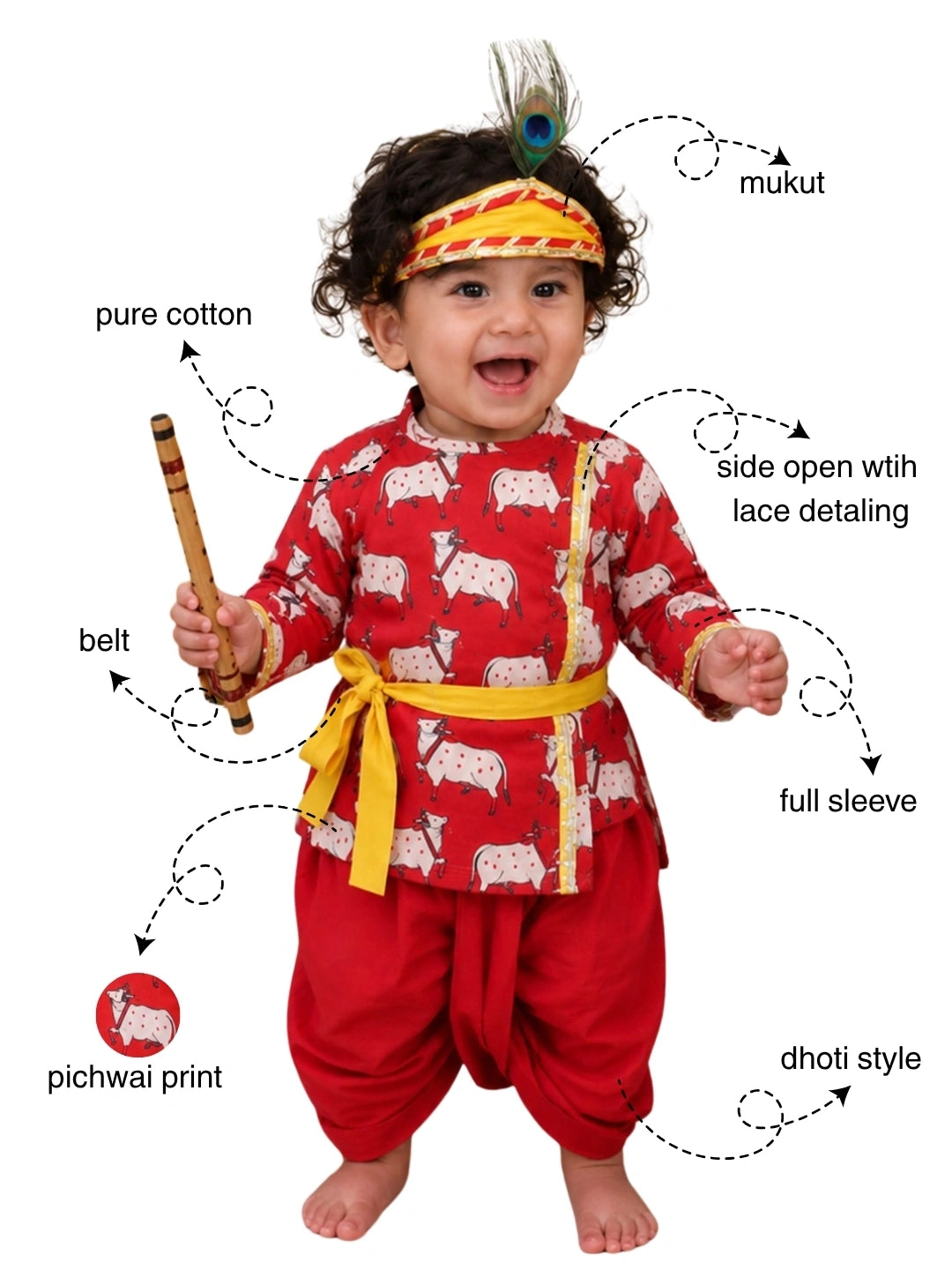BownBee Full Sleeve Pure Cotton Kurta Dhoti With Belt ,Mukut & Bansuri for Infant Boys