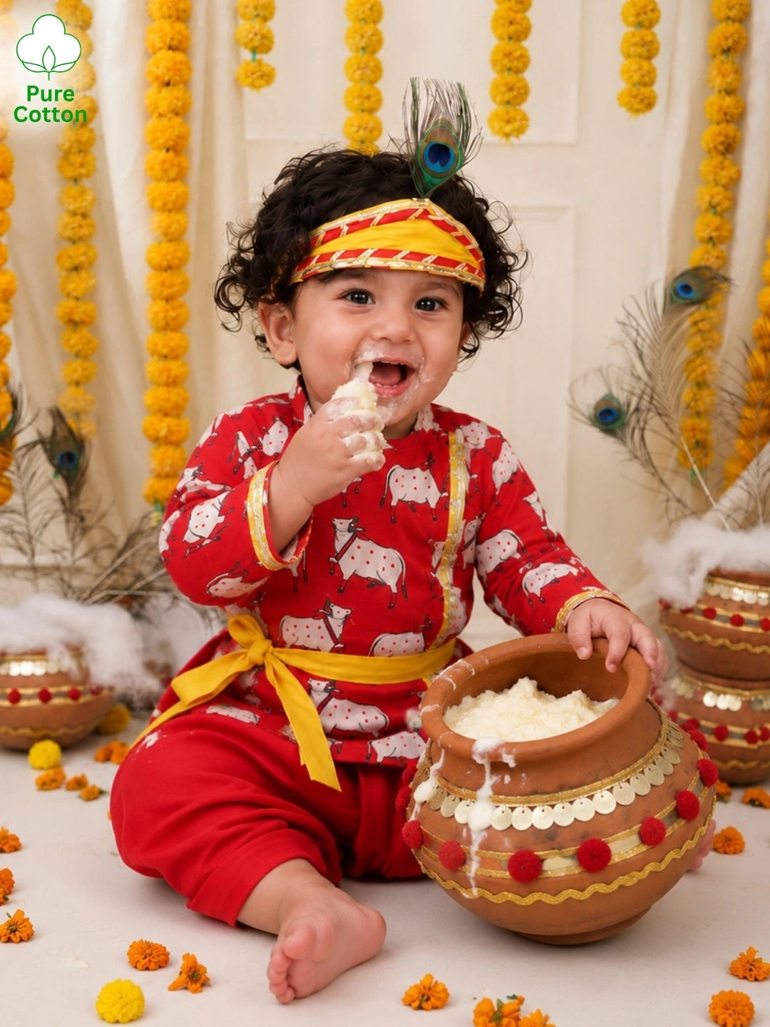 BownBee Full Sleeve Pure Cotton Kurta Dhoti With Belt ,Mukut & Bansuri for Infant Boys