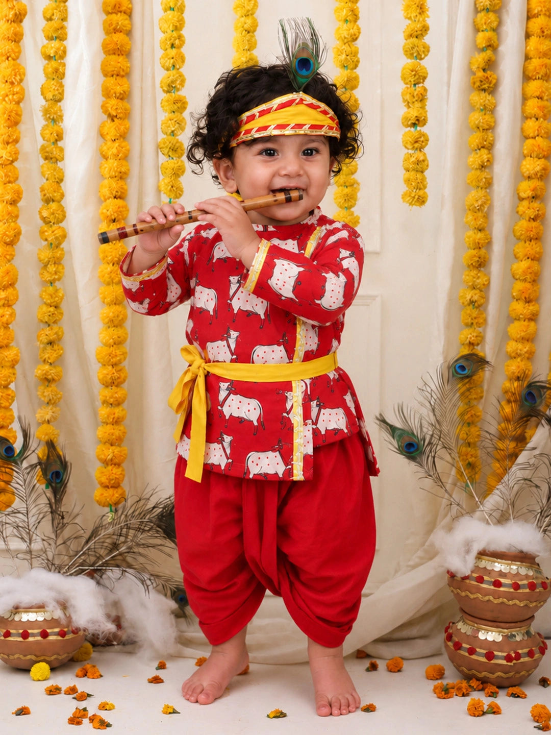 BownBee Full Sleeve Pure Cotton Kurta Dhoti With Belt ,Mukut & Bansuri for Infant Boys