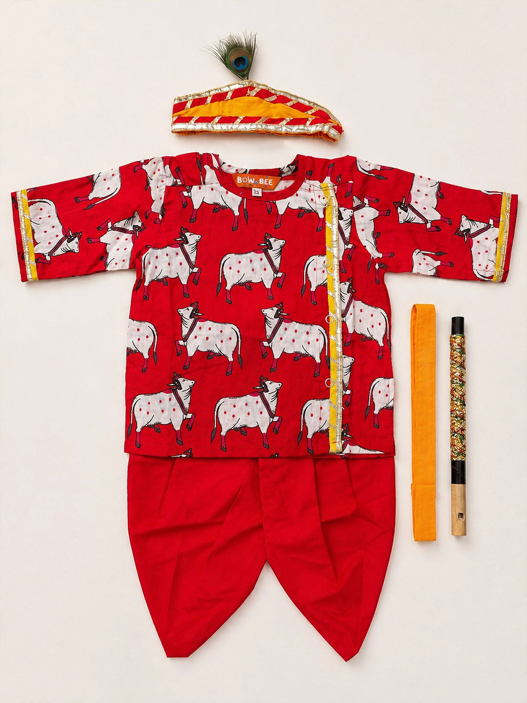 BownBee Full Sleeve Pure Cotton Kurta Dhoti With Belt ,Mukut & Bansuri for Infant Boys