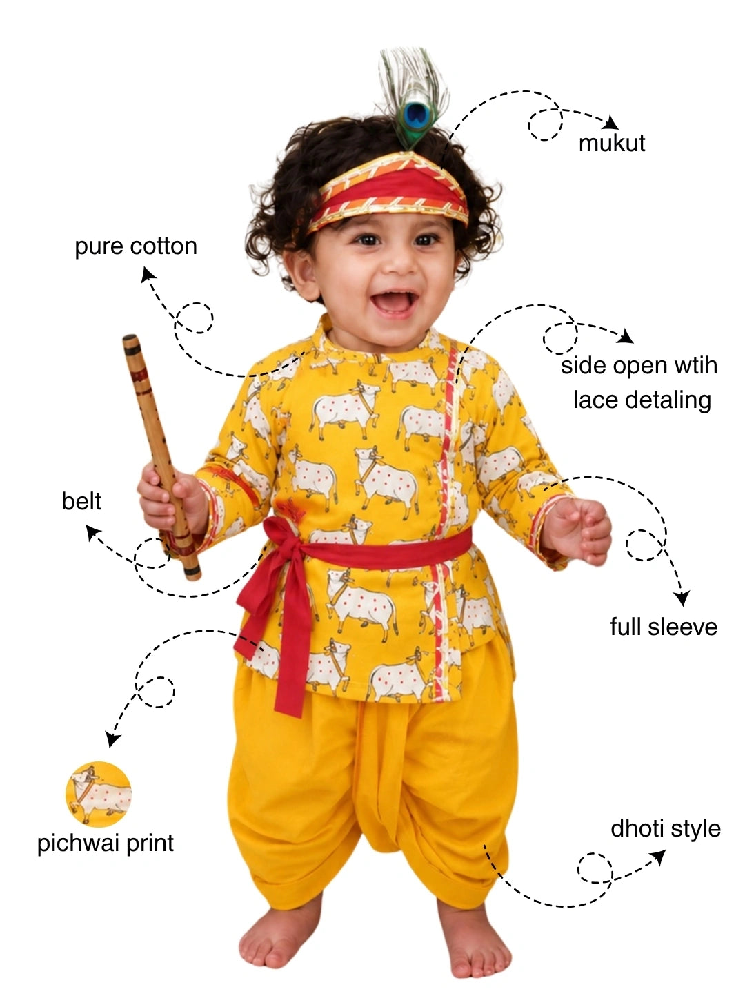 BownBee Full Sleeve Pure Cotton Kurta Dhoti With Belt ,Mukut & Bansuri for Infant Boys