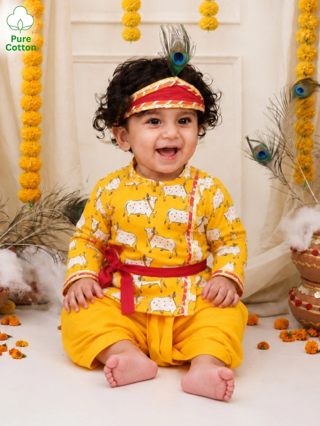 BownBee Full Sleeve Pure Cotton Kurta Dhoti With Belt ,Mukut & Bansuri for Infant Boys