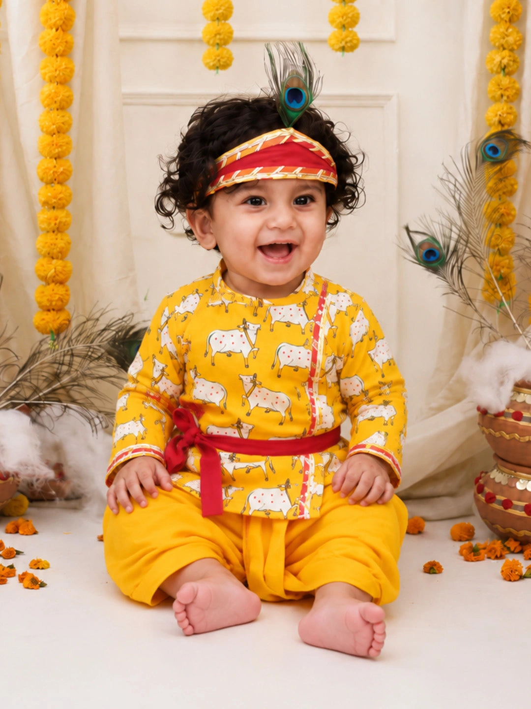 BownBee Pure Cotton Printed Dhoti Kurta & Lehenga Choli Infant Sibling Set