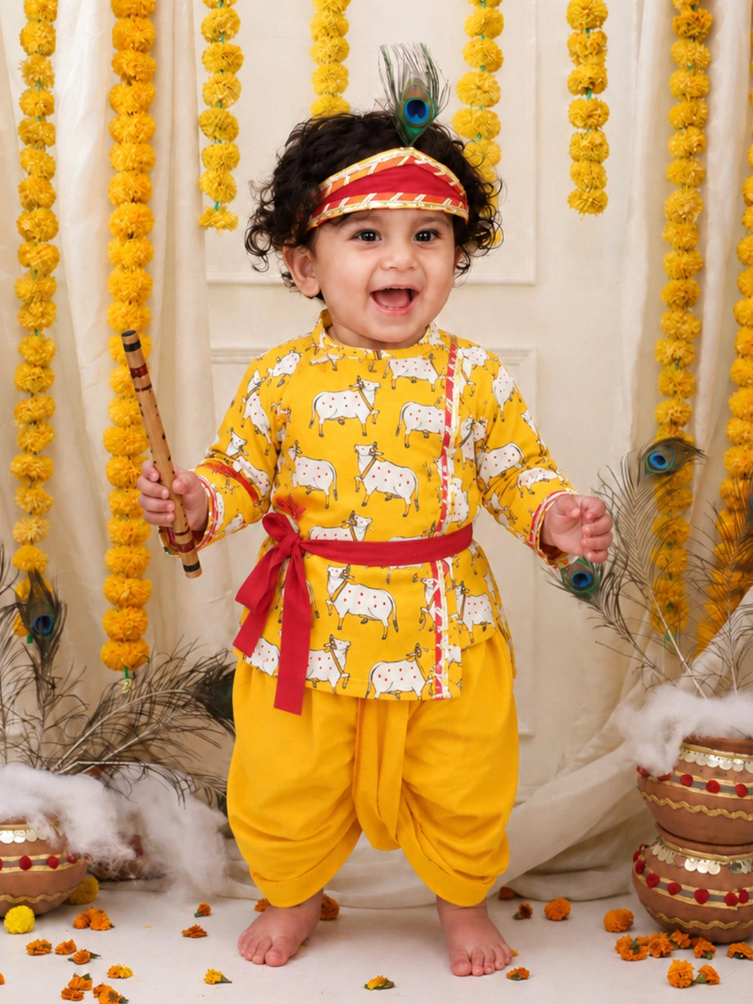 BownBee Full Sleeve Pure Cotton Kurta Dhoti With Belt ,Mukut & Bansuri for Infant Boys