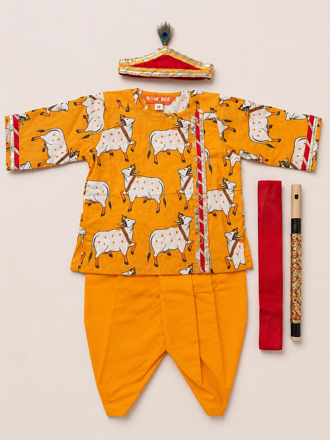 BownBee Full Sleeve Pure Cotton Kurta Dhoti With Belt ,Mukut & Bansuri for Infant Boys