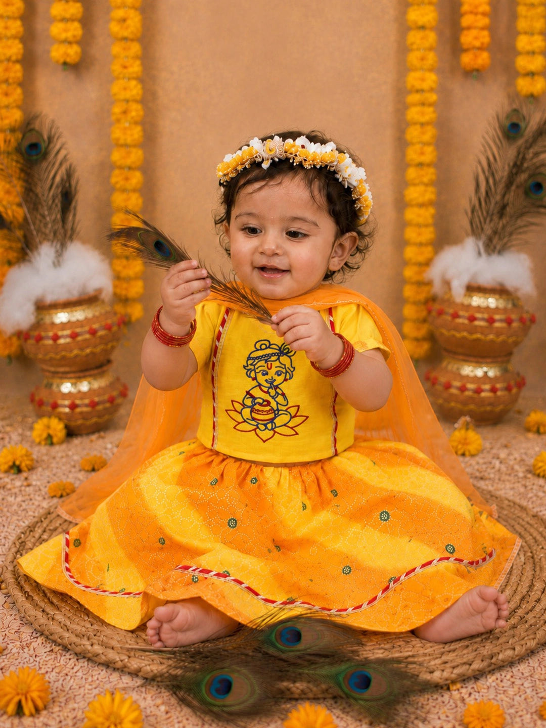 BownBee Pure Cotton Embroidered Dhoti Kurta & Lehenga Choli Infant Sibling Set
