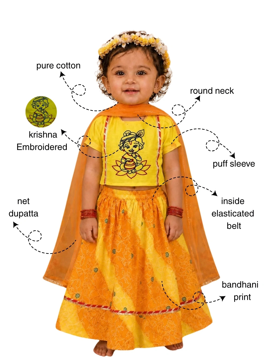 BownBee Pure Cotton Embroidered Puff Sleeve Choli & Lehenga With Dupatta Set For Infant Girls