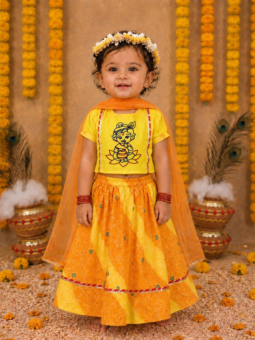 BownBee Pure Cotton Embroidered Dhoti Kurta & Lehenga Choli Infant Sibling Set