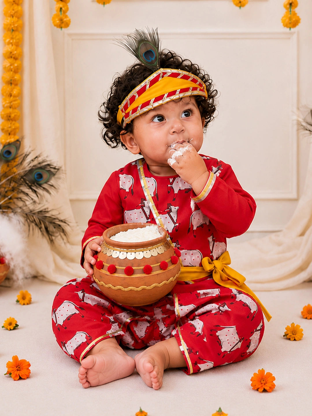 BownBee Pure Cotton Printed Dhoti Kurta With Jacket & Mukut,Belt & Bansuri Set For Infants Boys