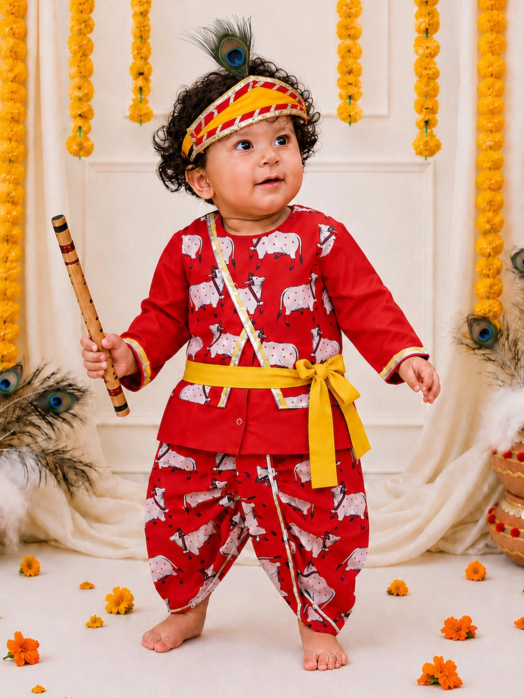 BownBee Pure Cotton Printed Dhoti Kurta With Jacket & Mukut,Belt & Bansuri Set For Infants Boys