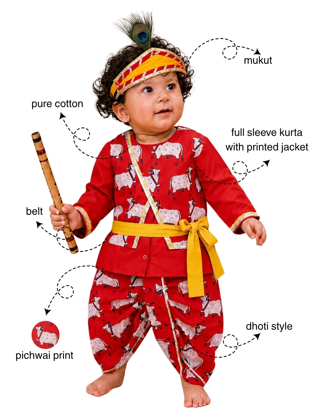 BownBee Pure Cotton Printed Dhoti Kurta With Jacket & Mukut,Belt & Bansuri Set For Infants Boys