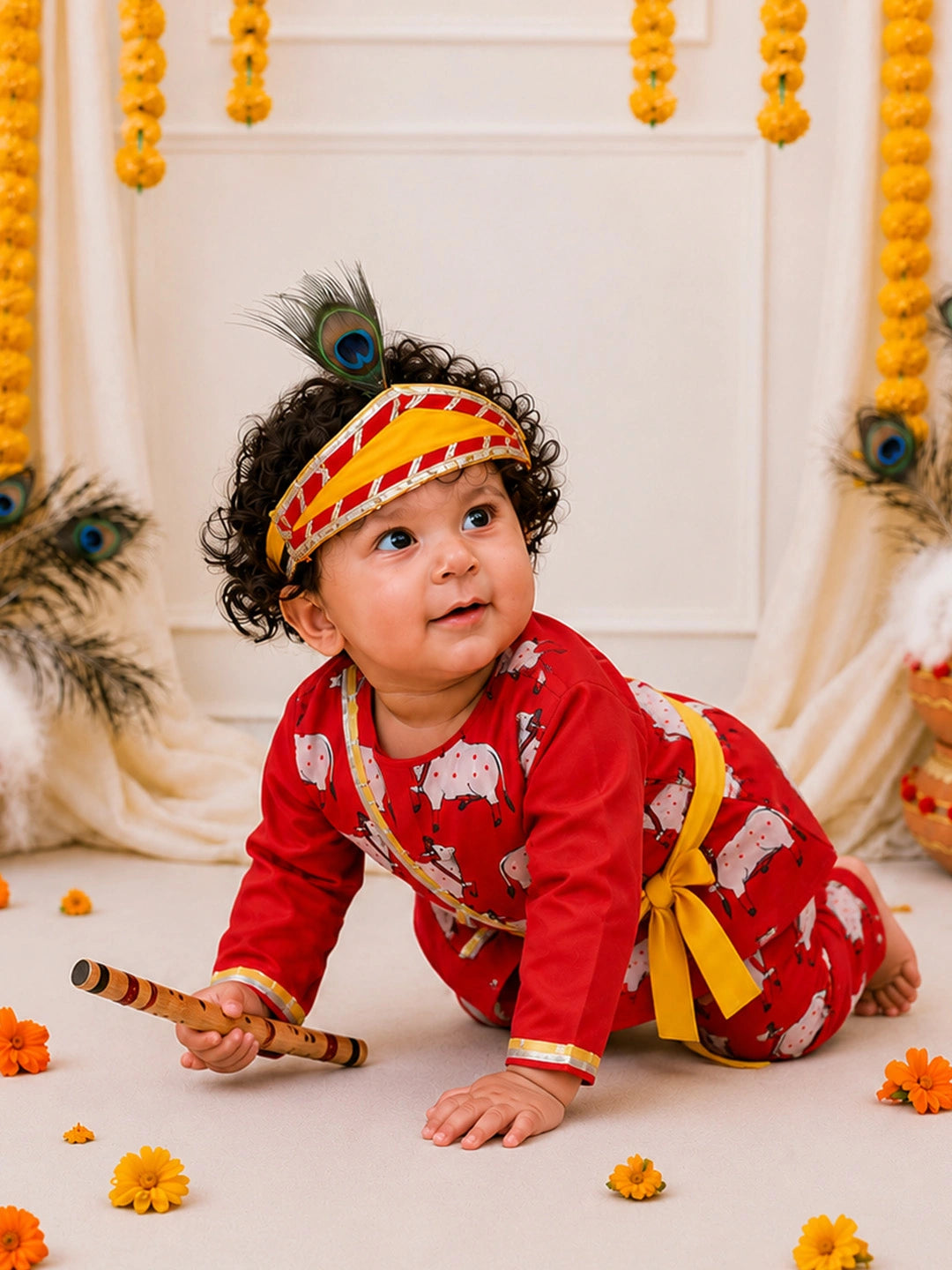 BownBee Pure Cotton Printed Dhoti Kurta With Jacket & Mukut,Belt & Bansuri Set For Infants Boys