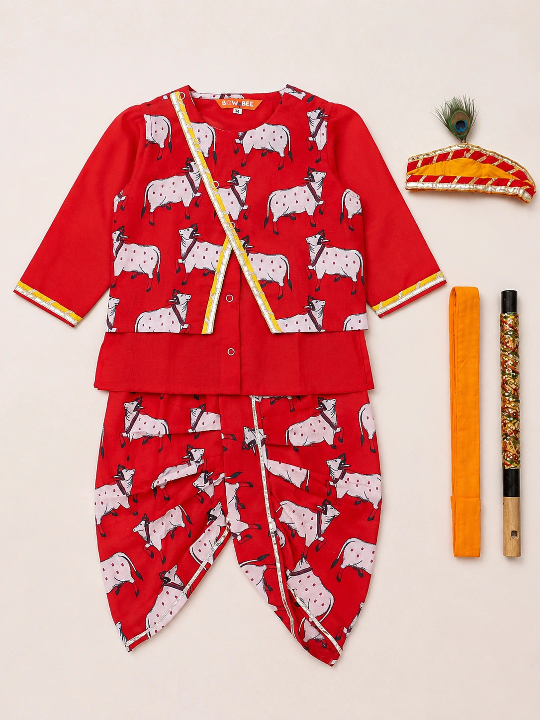 BownBee Pure Cotton Printed Dhoti Kurta With Jacket & Mukut,Belt & Bansuri Set For Infants Boys