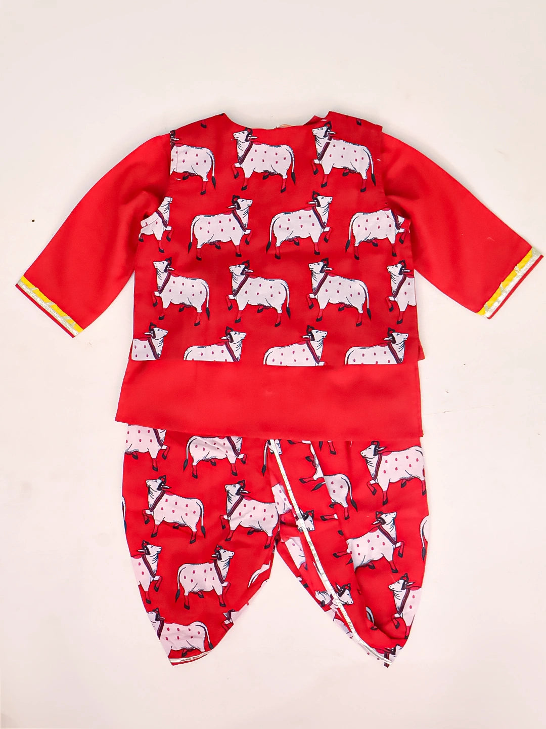 BownBee Pure Cotton Printed Dhoti Kurta With Jacket & Mukut,Belt & Bansuri Set For Infants Boys