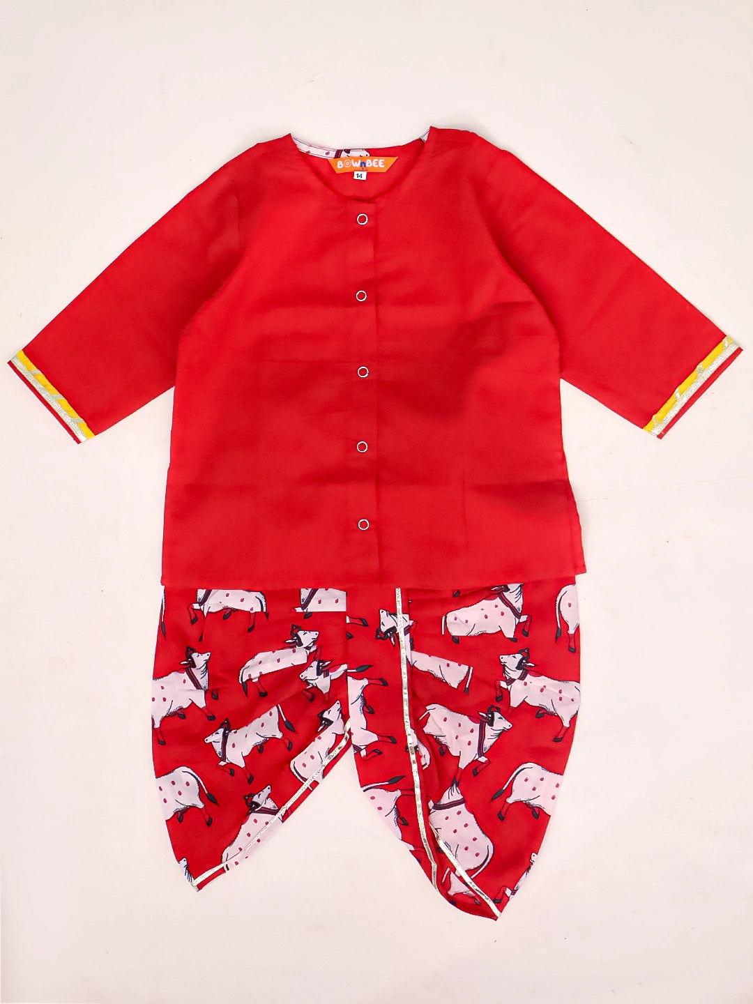 BownBee Pure Cotton Printed Dhoti Kurta With Jacket & Mukut,Belt & Bansuri Set For Infants Boys