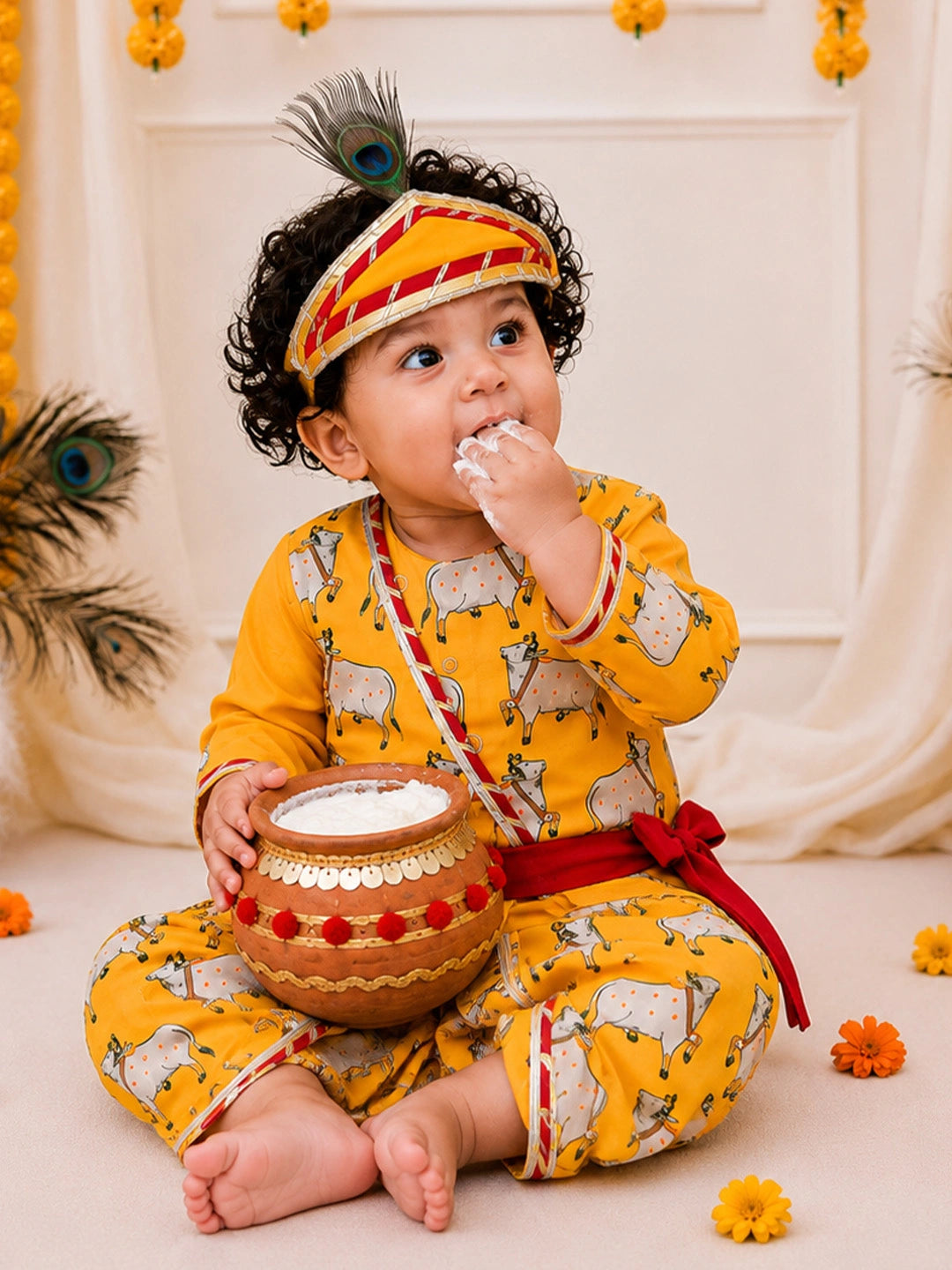 BownBee Pure Cotton Printed Dhoti Kurta With Jacket & Mukut,Belt & Bansuri Set For Infants Boys