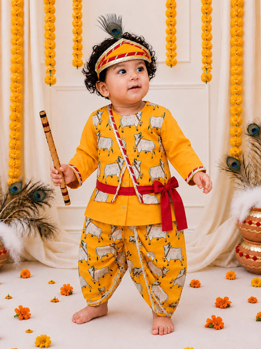 BownBee Pure Cotton Printed Dhoti Kurta With Jacket & Mukut,Belt & Bansuri Set For Infants Boys