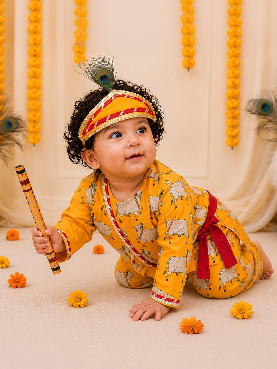 BownBee Pure Cotton Printed Dhoti Kurta With Jacket & Mukut,Belt & Bansuri Set For Infants Boys