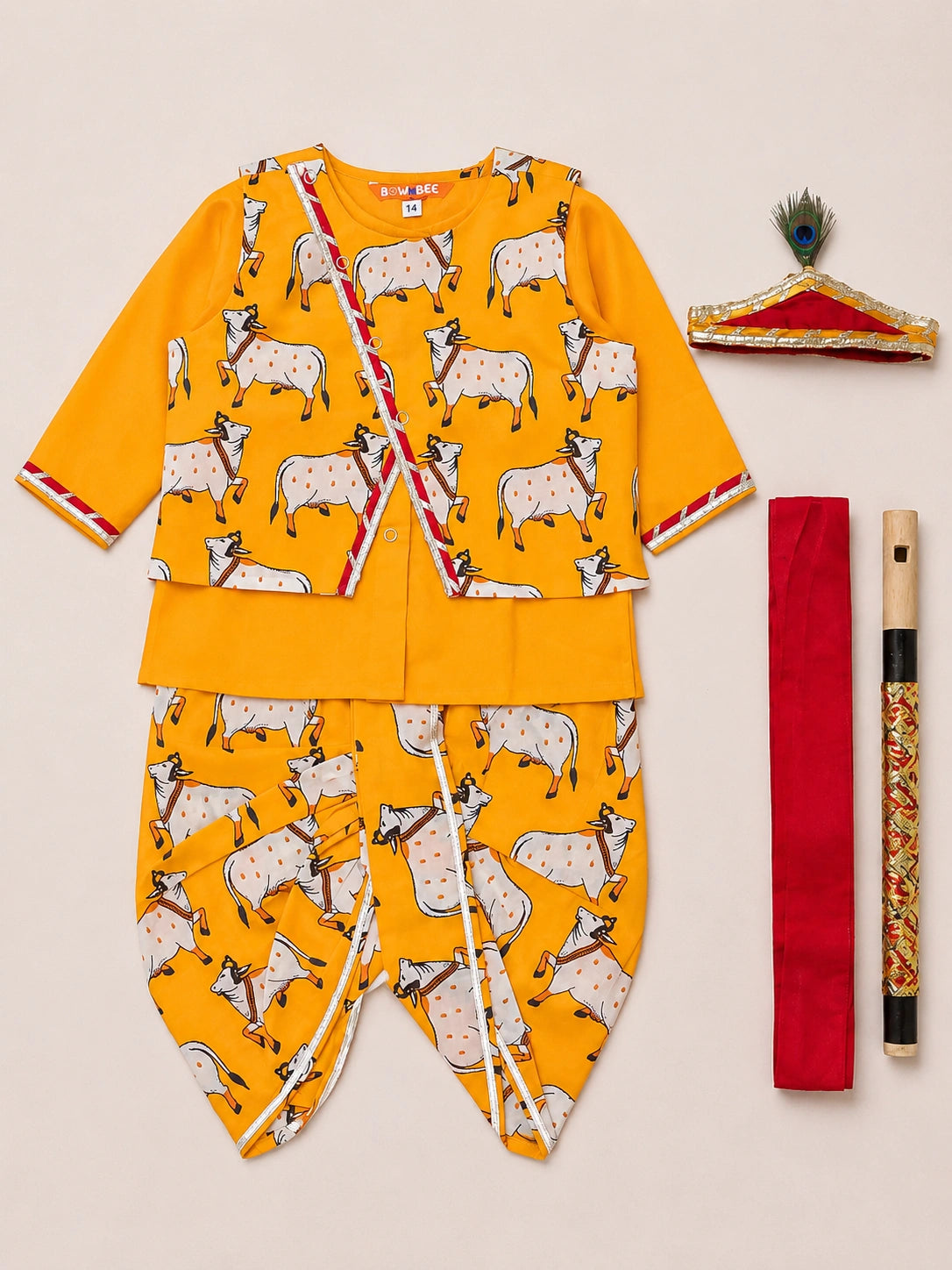 BownBee Pure Cotton Printed Dhoti Kurta With Jacket & Mukut,Belt & Bansuri Set For Infants Boys