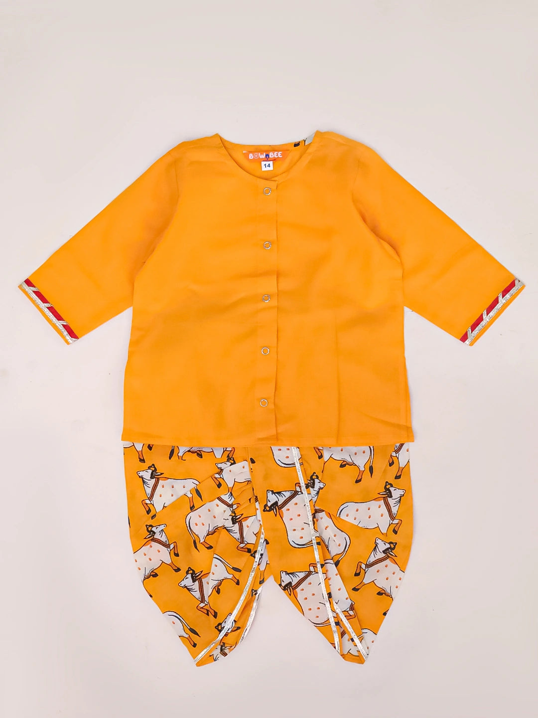 BownBee Pure Cotton Printed Dhoti Kurta With Jacket & Mukut,Belt & Bansuri Set For Infants Boys