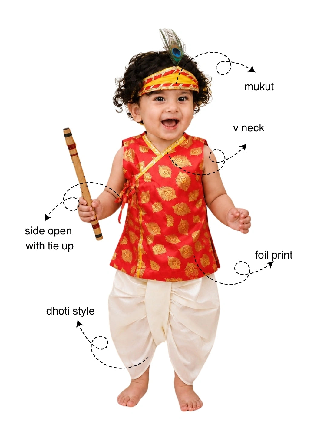 BownBee Morpankh Printed Dhoti Kurta With Mukut & Bansuri Set For Infant Boys