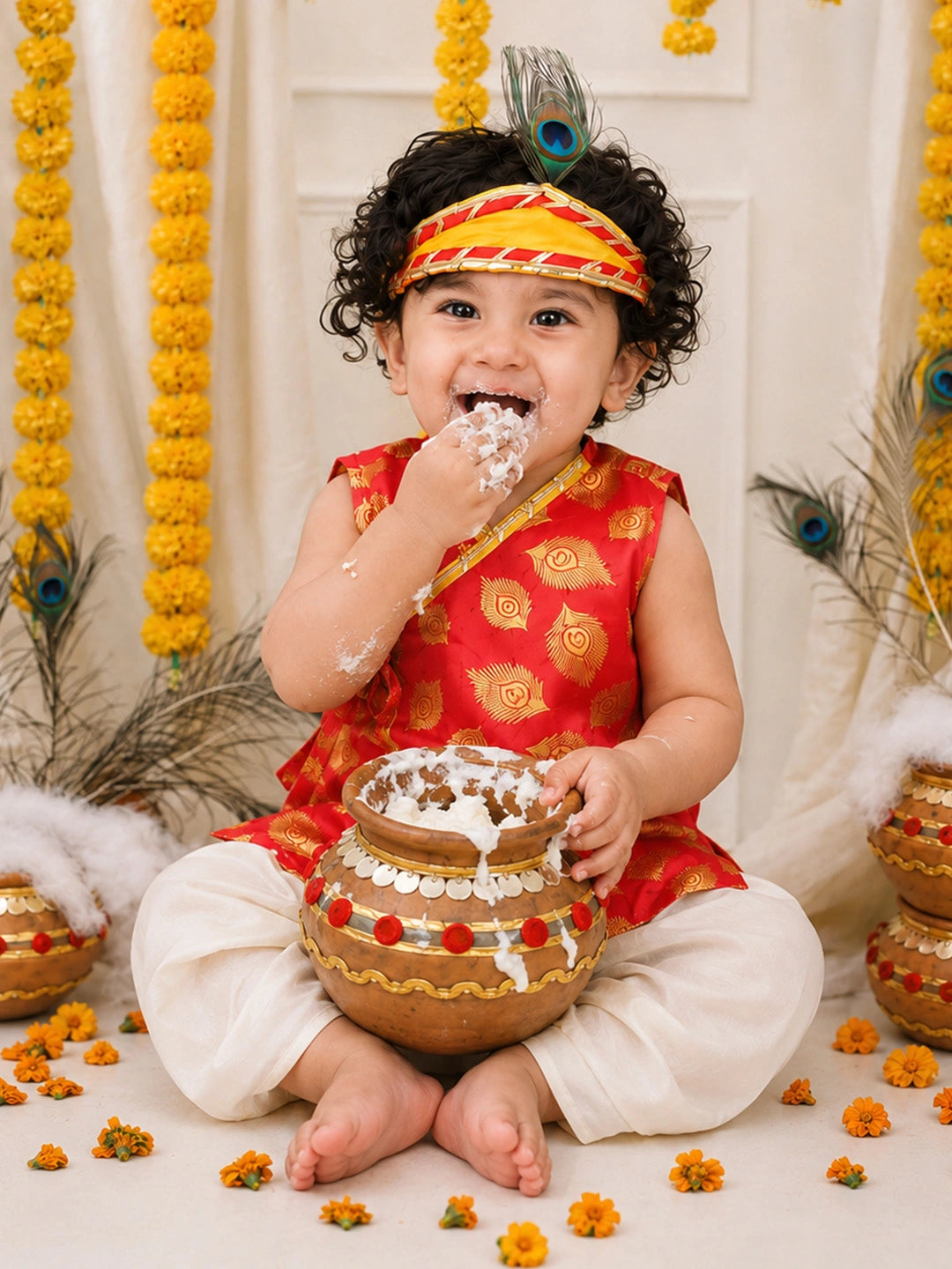 BownBee Morpankh Printed Dhoti Kurta With Mukut & Bansuri Set For Infant Boys