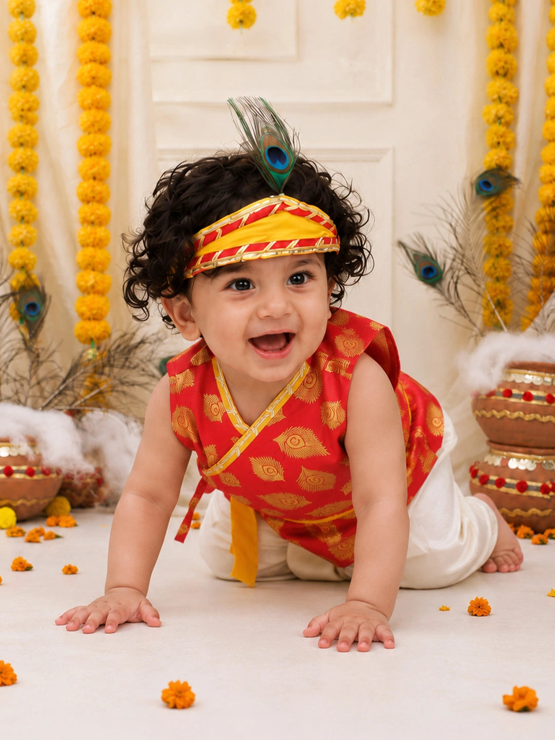 BownBee Morpankh Printed Dhoti Kurta With Mukut & Bansuri Set For Infant Boys