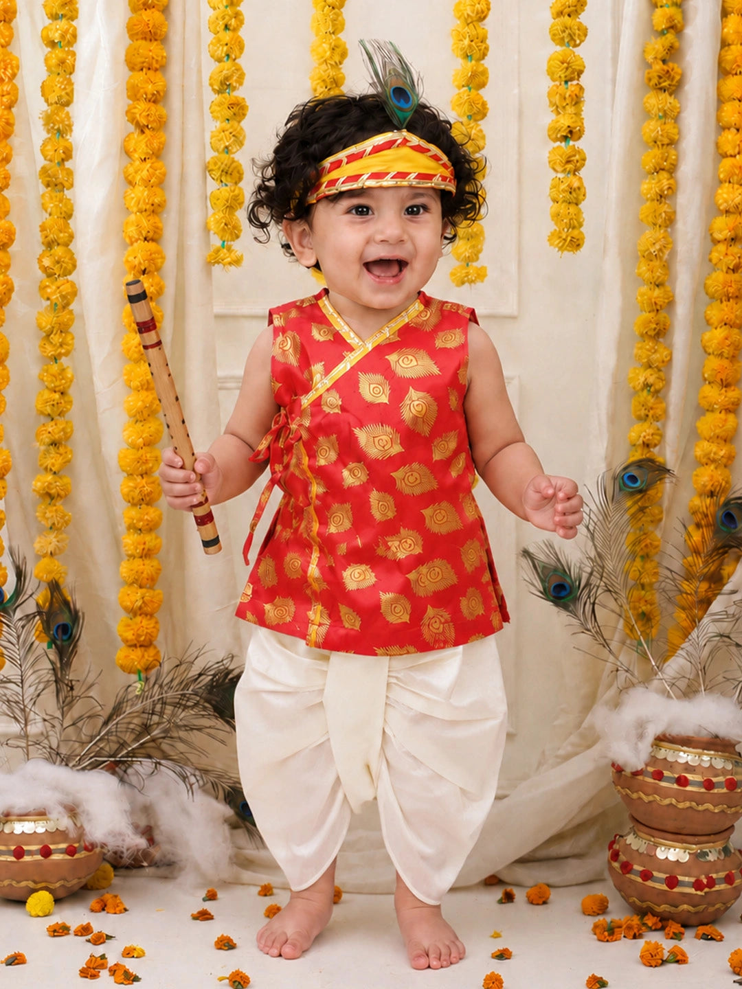 BownBee Morpankh Printed Dhoti Kurta With Mukut & Bansuri Set For Infant Boys