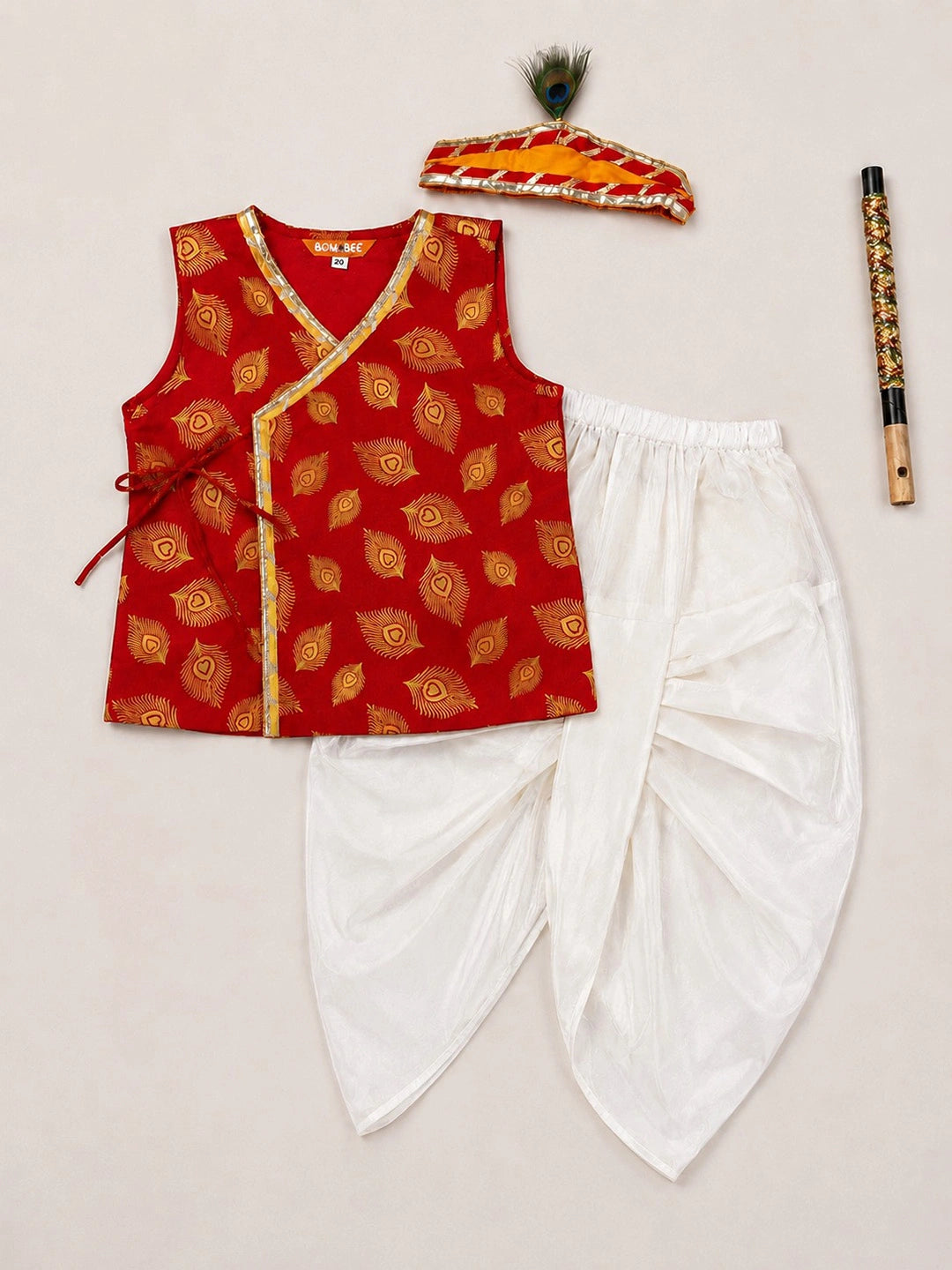 BownBee Morpankh Printed Dhoti Kurta With Mukut & Bansuri Set For Infant Boys