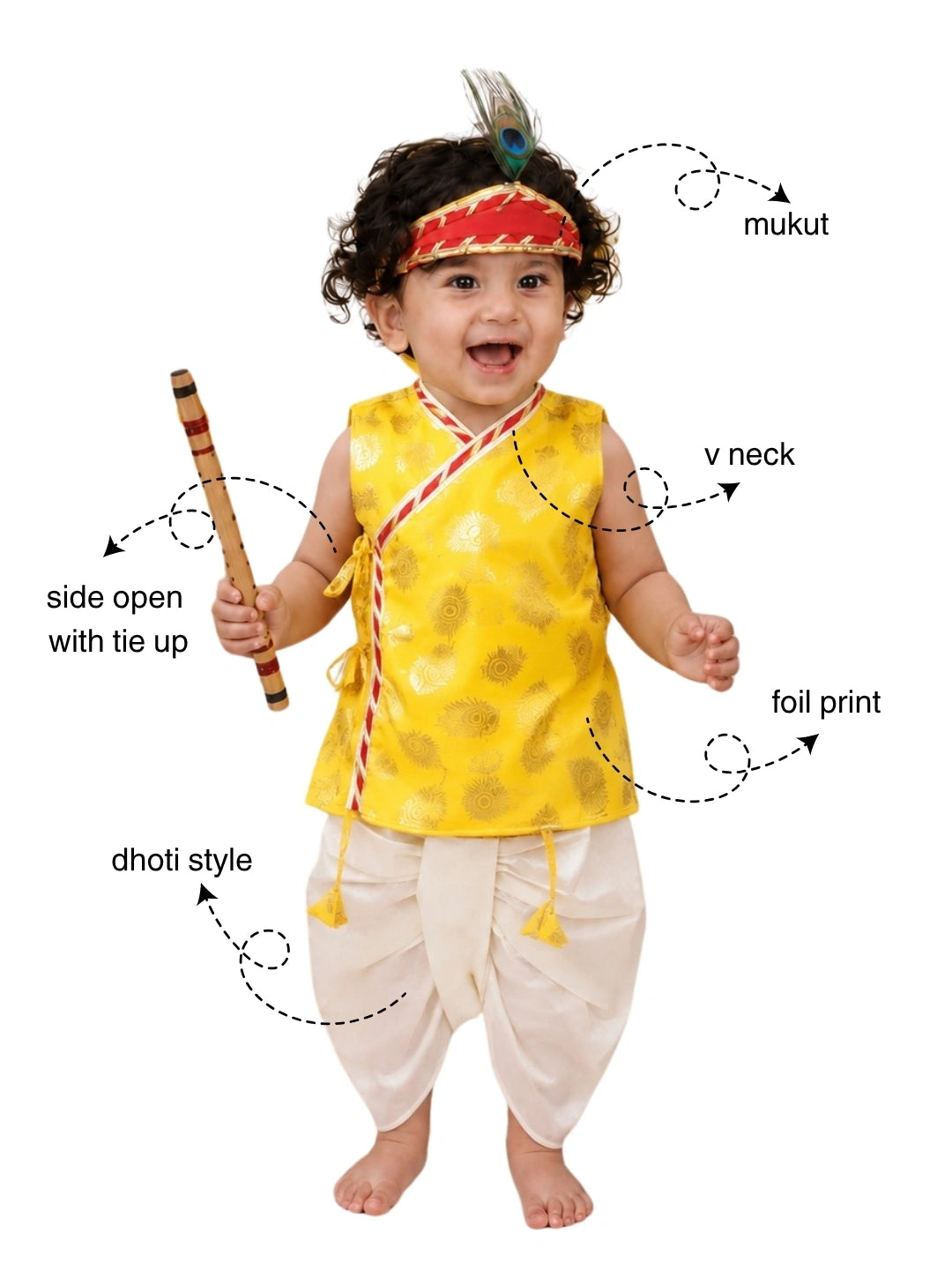 BownBee Morpankh Printed Dhoti Kurta With Mukut & Bansuri Set For Infant Boys