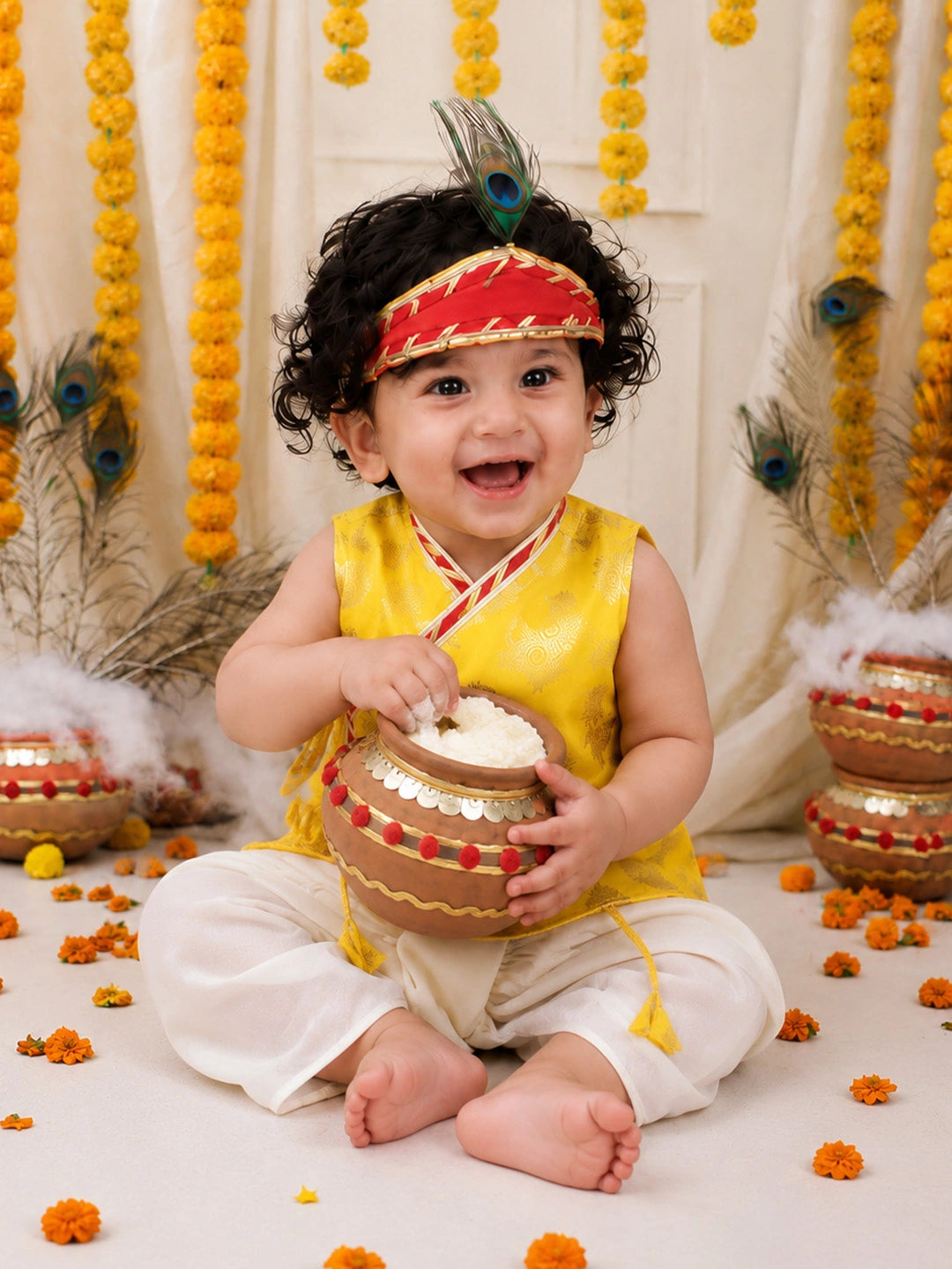 BownBee Morpankh Printed Dhoti Kurta With Mukut & Bansuri Set For Infant Boys