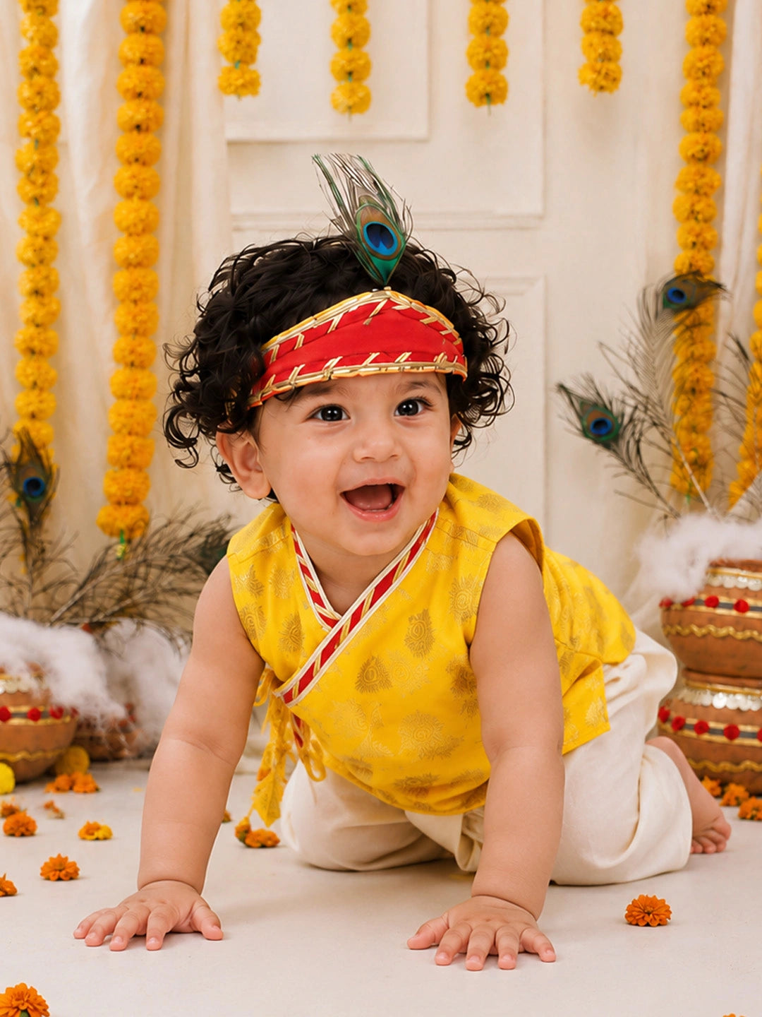 BownBee Morpankh Printed Dhoti Kurta With Mukut & Bansuri Set For Infant Boys