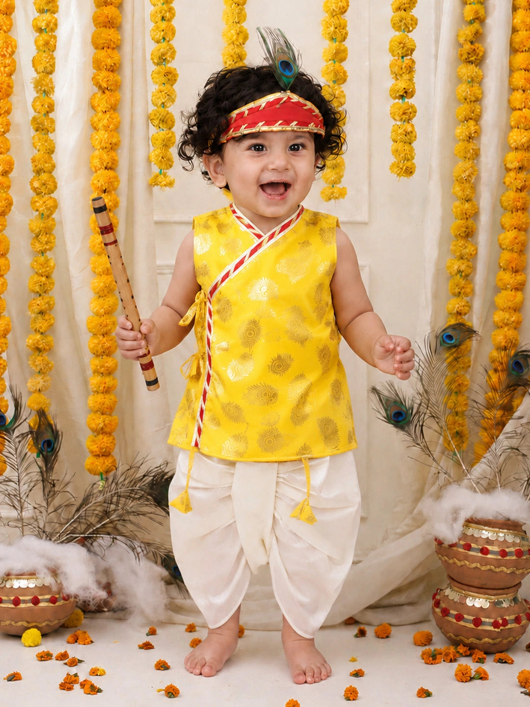 BownBee Morpankh Printed Dhoti Kurta With Mukut & Bansuri Set For Infant Boys