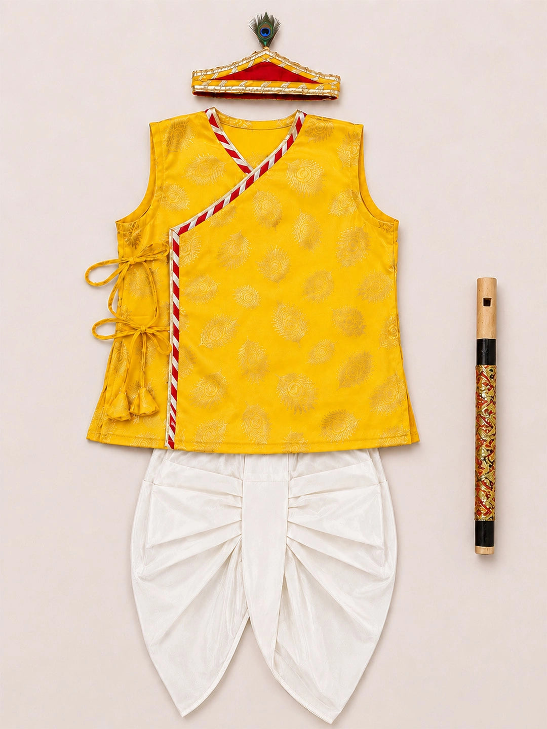 BownBee Morpankh Printed Dhoti Kurta With Mukut & Bansuri Set For Infant Boys
