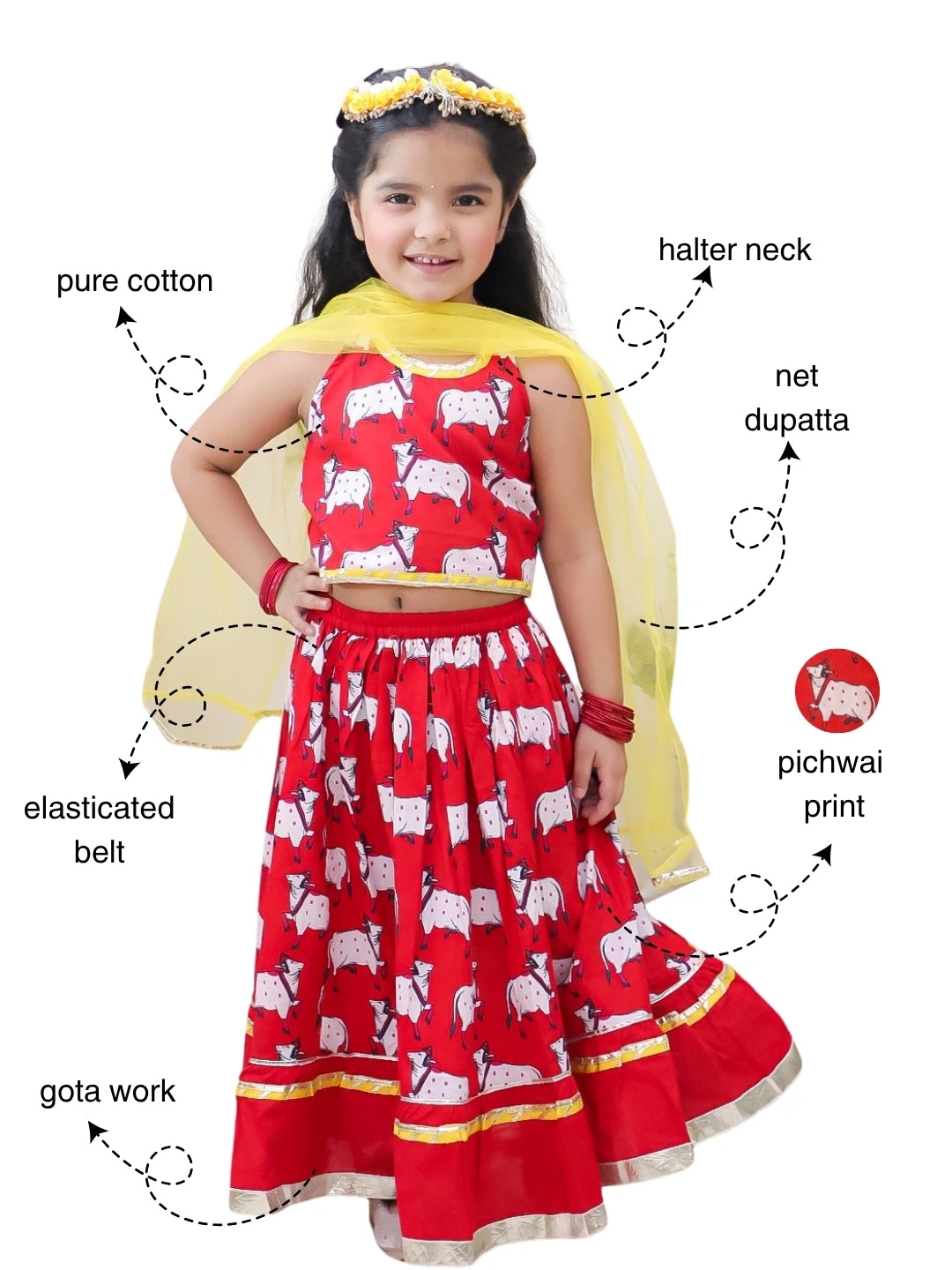 BownBee Pure Cotton Printed Halter Choli & Lehenga With Dupatta Set For Girls