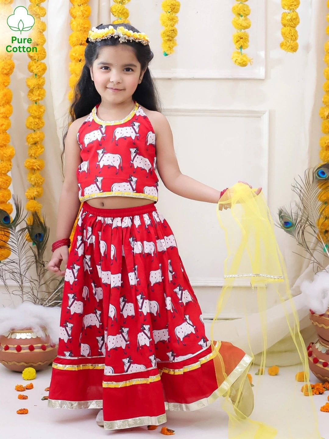 BownBee Pure Cotton Printed Halter Choli & Lehenga With Dupatta Set For Girls