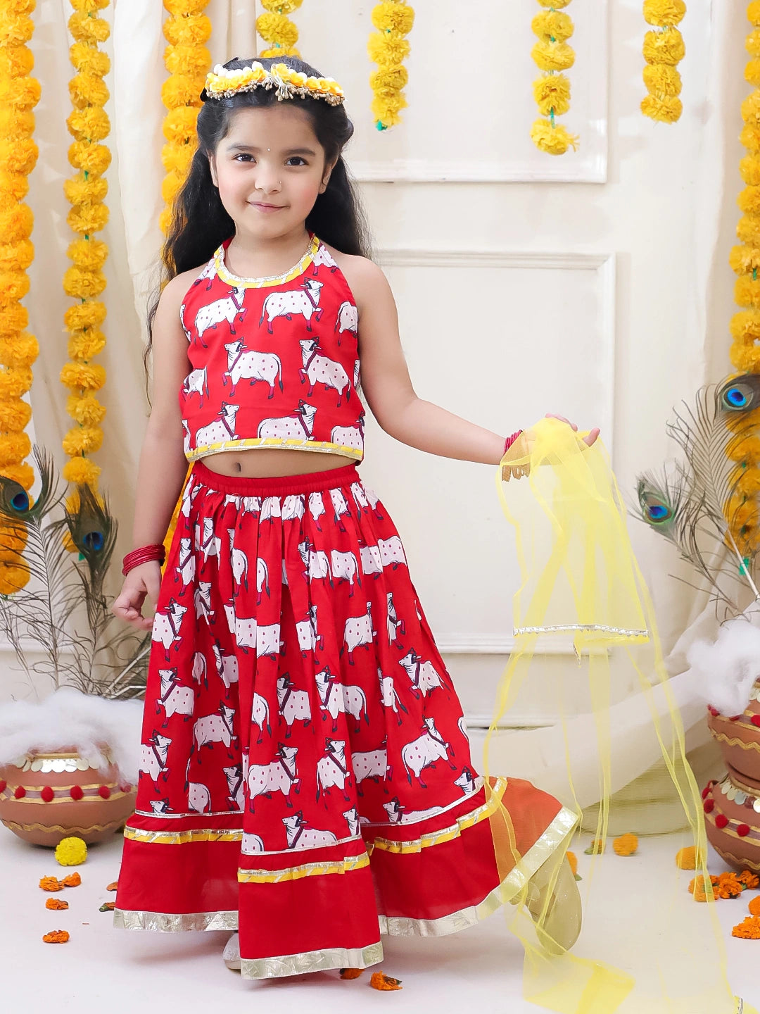 BownBee Pure Cotton Printed Dhoti Kurta & Lehenga Choli With Dupatta Sibling Set