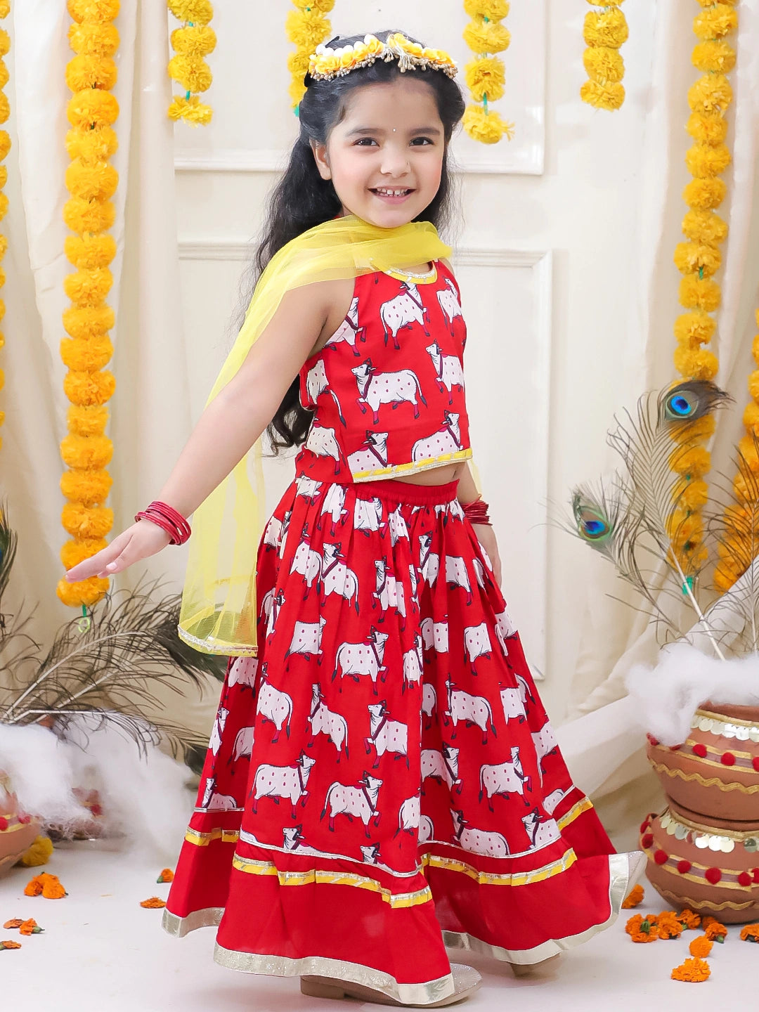 BownBee Pure Cotton Printed Halter Choli & Lehenga With Dupatta Set For Girls