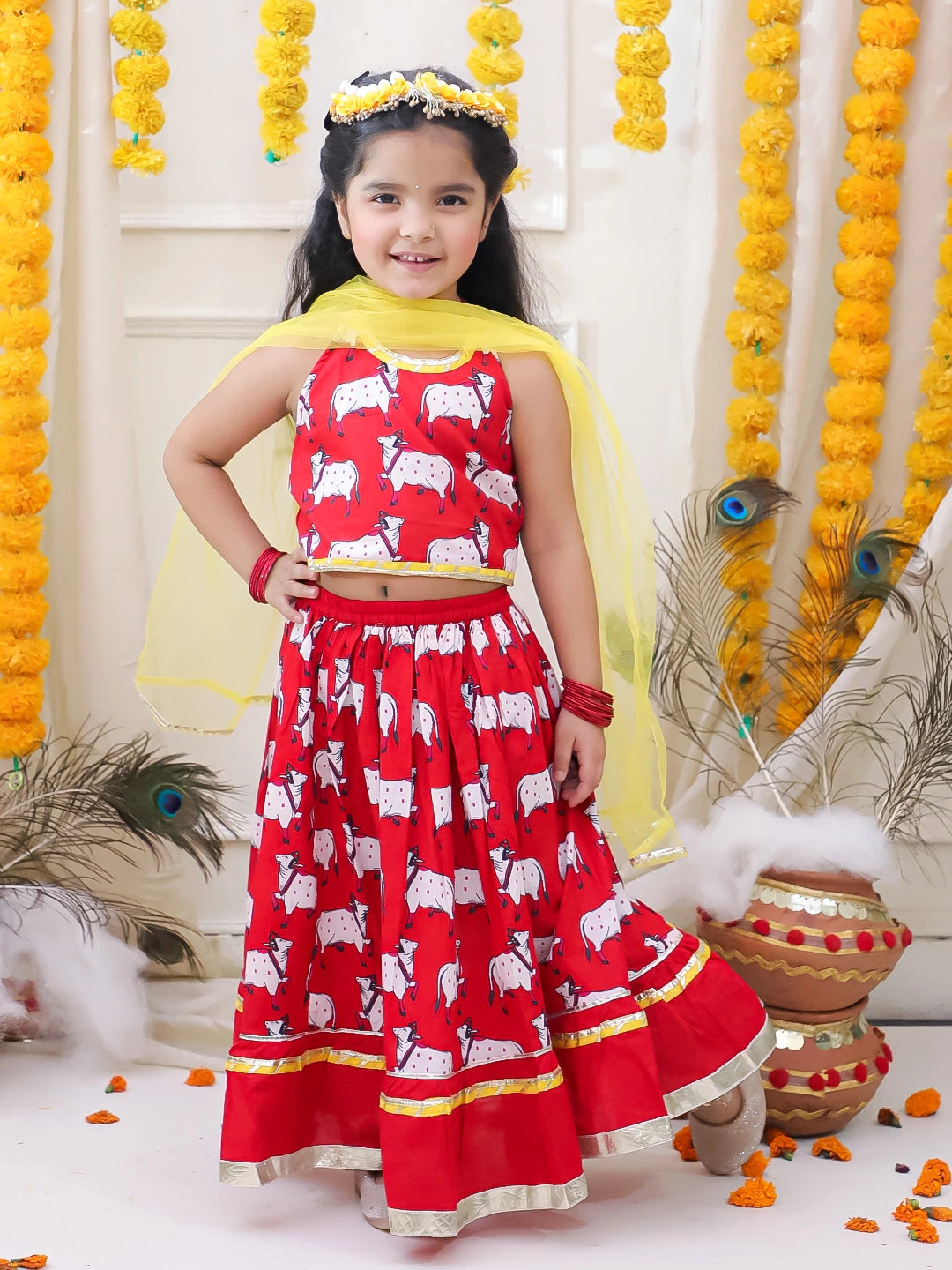 BownBee Pure Cotton Printed Dhoti Kurta & Lehenga Choli With Dupatta Sibling Set